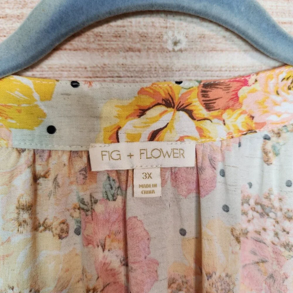 Anthropologie Fig & Flower Yellow Pink Linen Blend Floral Peasant Top Plus 3X - Picture 7 of 15